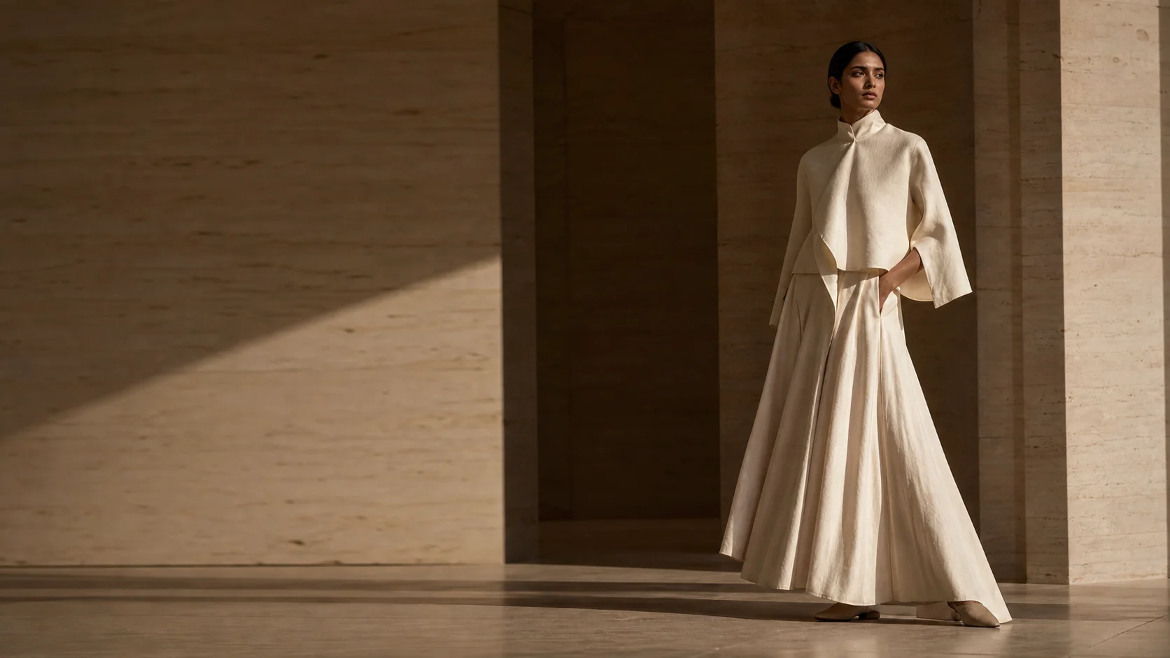 Woman wearing an ivory cotton ensemble in a warm stone gallery